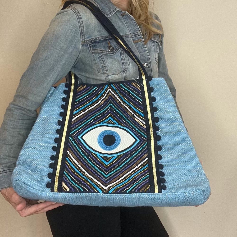 Blue Beaded Eye Shoulder Bag